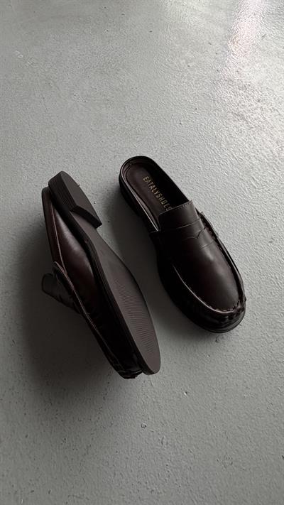 Lena Acıkahve Büzgülü Gerçek Deri Oxford Terlik