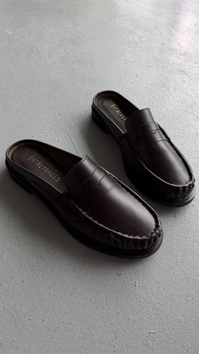 Lena Acıkahve Büzgülü Gerçek Deri Oxford Terlik