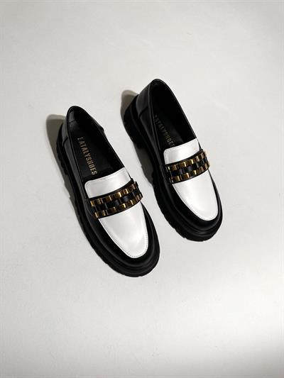 Luis Siyah Beyaz Gold Tokalı Kadın Oxford Ayakkabı