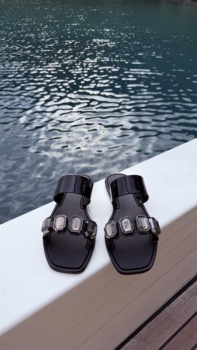 Porto Crystal Siyah Jelly Taşlı Terlik