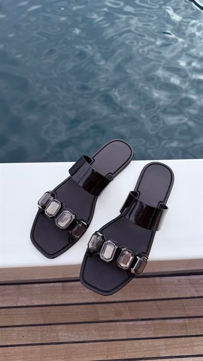 Porto Crystal Siyah Jelly Taşlı Terlik