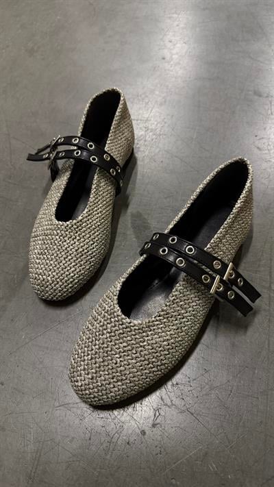 Portofino Gri Hasır Siyah Kemer Detaylı Babet