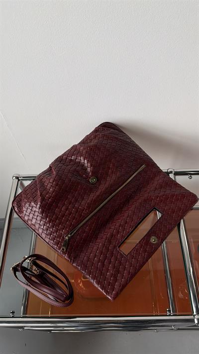 Quiet Rouge Bordo Örgü Deri Clutch Çanta