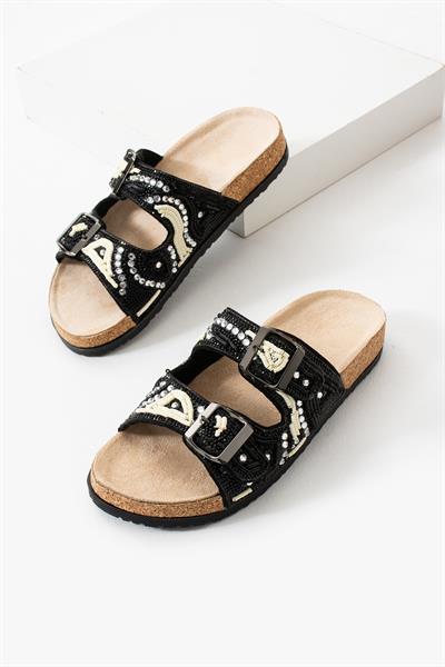 Renkli Taşlı Boncuk İşlemeli Deri Çift Bantlı Terlik