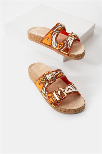 Renkli Taşlı Boncuk İşlemeli Deri Çift Bantlı Terlik