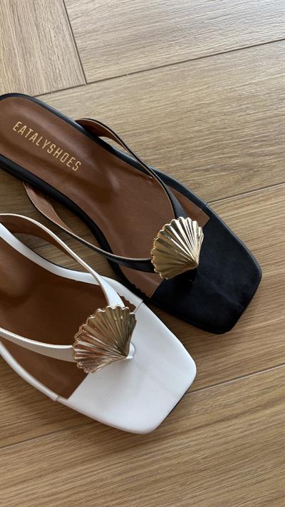 Siyah Cilt Midye Kabuklu Parmak Arası Düz Terlik