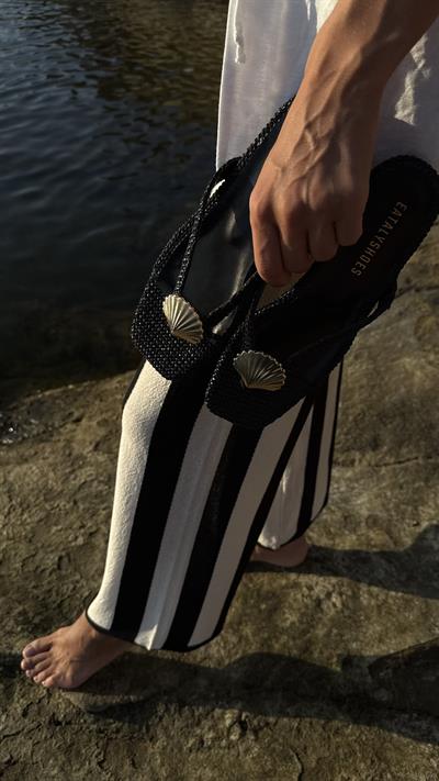 Siyah Hasır Midye Kabuklu Parmak Arası Düz Terlik