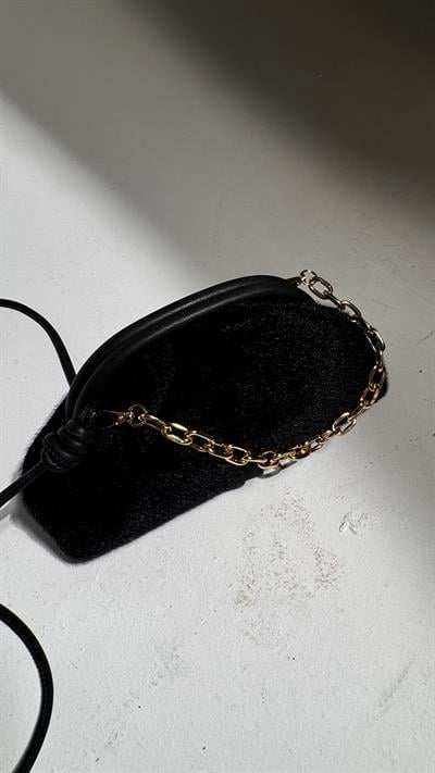 Siyah Kırçıllı Kumaş Kadın Şık Gold Mini Tutma Zincir Detaylı Çanta 