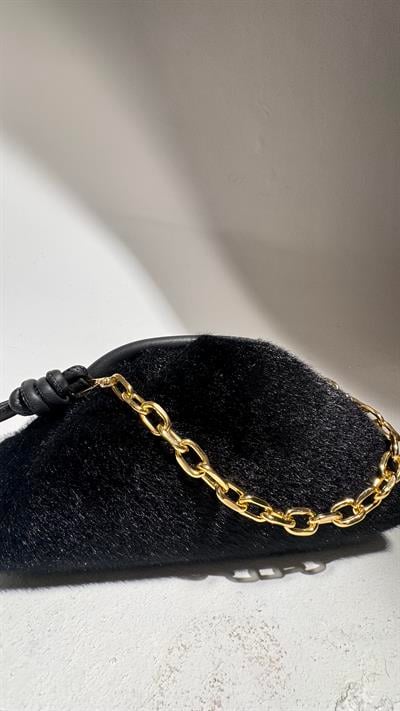 Siyah Kırçıllı Kumaş Kadın Şık Gold Mini Tutma Zincir Detaylı Çanta 