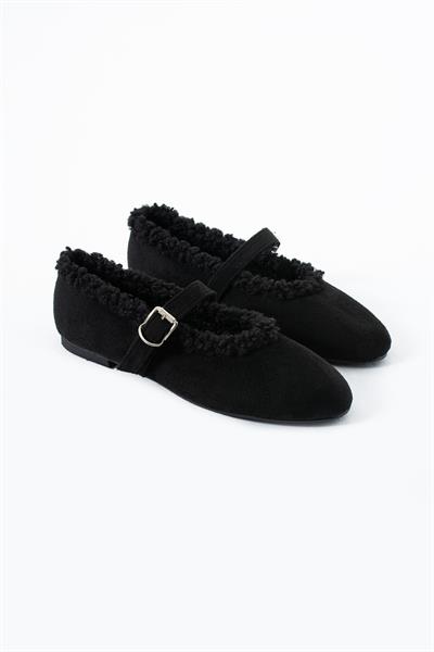 Siyah Süet İçi Kürklü Basic Babet