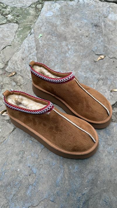 Süet Yüksek Taban Bilekte Terlik Bot Taba