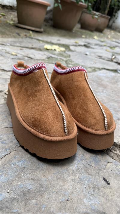 Süet Yüksek Taban Bilekte Terlik Bot Taba