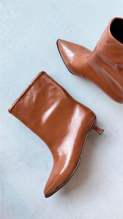 Taba Cilt Deri Kadın Kısa Topuk Botie