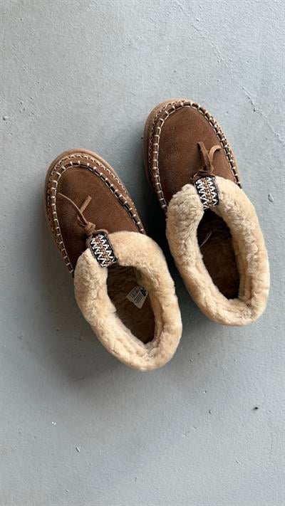 Taba Hakiki Süet Deri Dikişli Kürklü Kadın Makosen Terlik