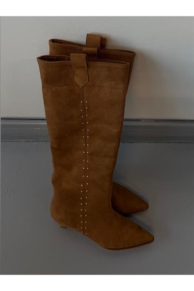Taba Süet Dizaltı Kadın Çizme Minik Gold Troklu