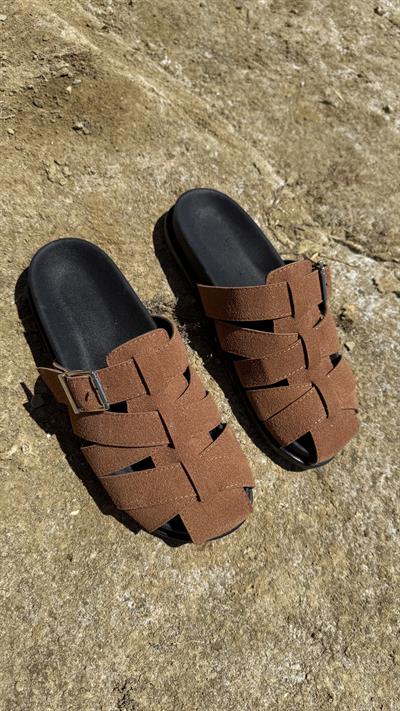 Taba Süet Sepet Model Tokalı Düz Kadın Terlik