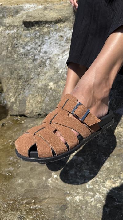 Taba Süet Sepet Model Tokalı Düz Kadın Terlik