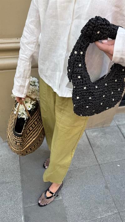 Taşlı Siyah Renk Minik Elde Tutma Hasır Çanta