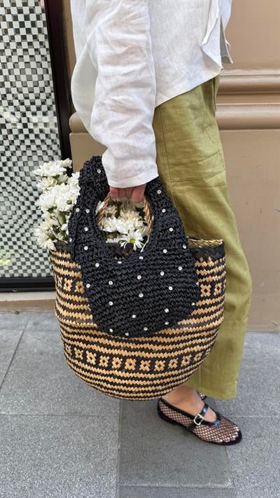 Taşlı Siyah Renk Minik Elde Tutma Hasır Çanta