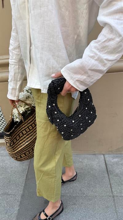 Taşlı Siyah Renk Minik Elde Tutma Hasır Çanta