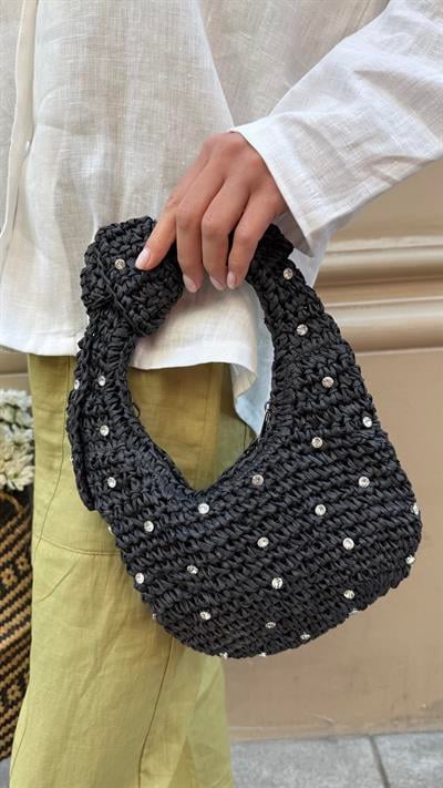 Taşlı Siyah Renk Minik Elde Tutma Hasır Çanta