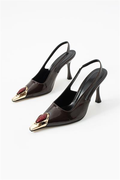 Velmore Premium Taş Aksesuarlı Acıkahve İnce Topuk Kadın Ayakkabı