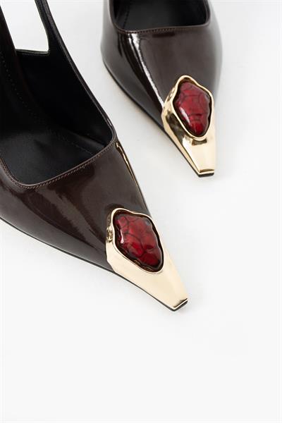 Velmore Premium Taş Aksesuarlı Acıkahve İnce Topuk Kadın Ayakkabı