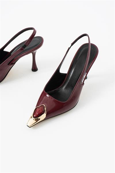 Velmore Premium Taş Aksesuarlı Bordo İnce Topuk Kadın Ayakkabı