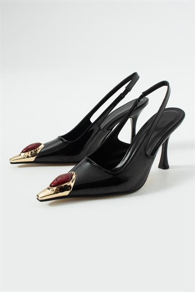 Velmore Premium Taş Aksesuarlı Siyah İnce Topuk Kadın Ayakkabı