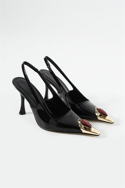 Velmore Premium Taş Aksesuarlı Siyah İnce Topuk Kadın Ayakkabı