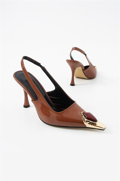 Velmore Premium Taş Aksesuarlı Taba İnce Topuk Kadın Ayakkabı