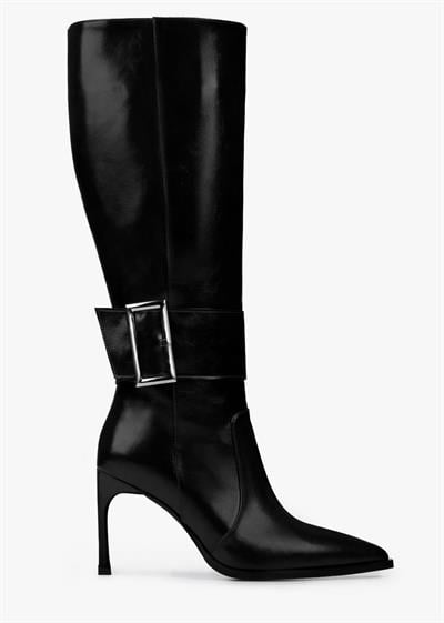 Vera Siyah Cilt Tokalı Topuklu Çizme