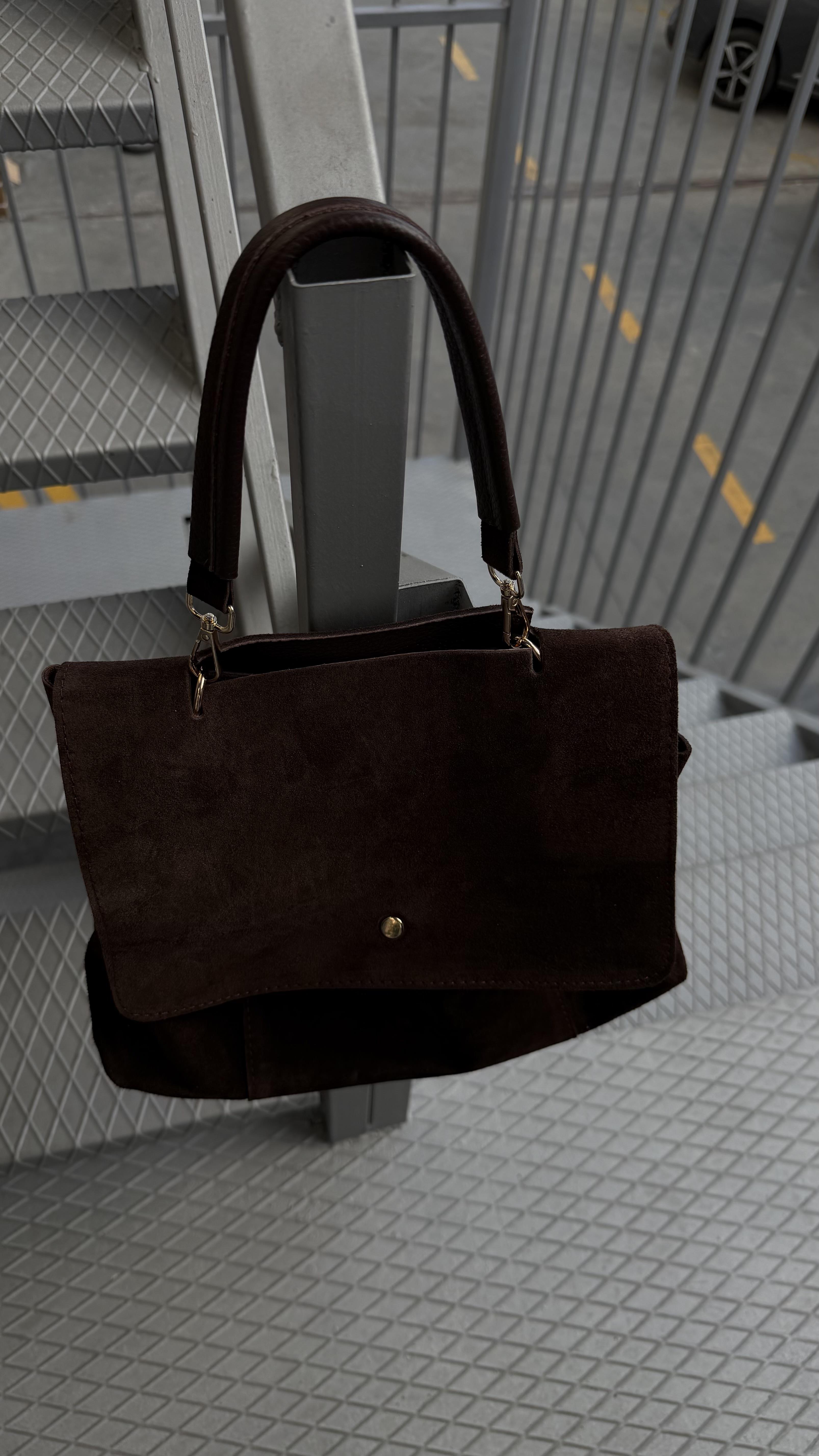 Hakiki Süet Deri Acıkahve Tutma Saplı Salaş Çanta 