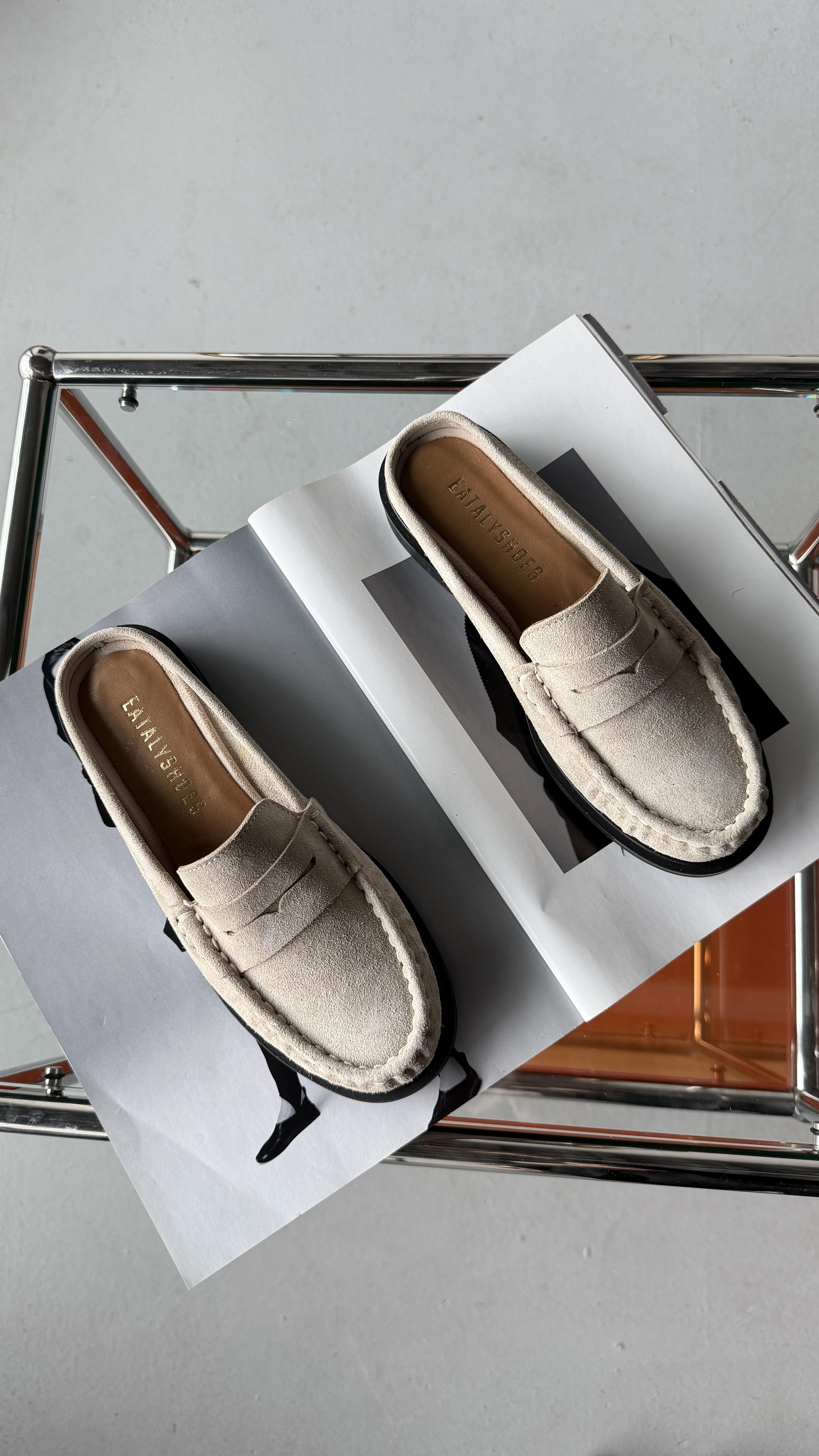 Lena Bej Süet Büzgülü Gerçek Deri Oxford Terlik