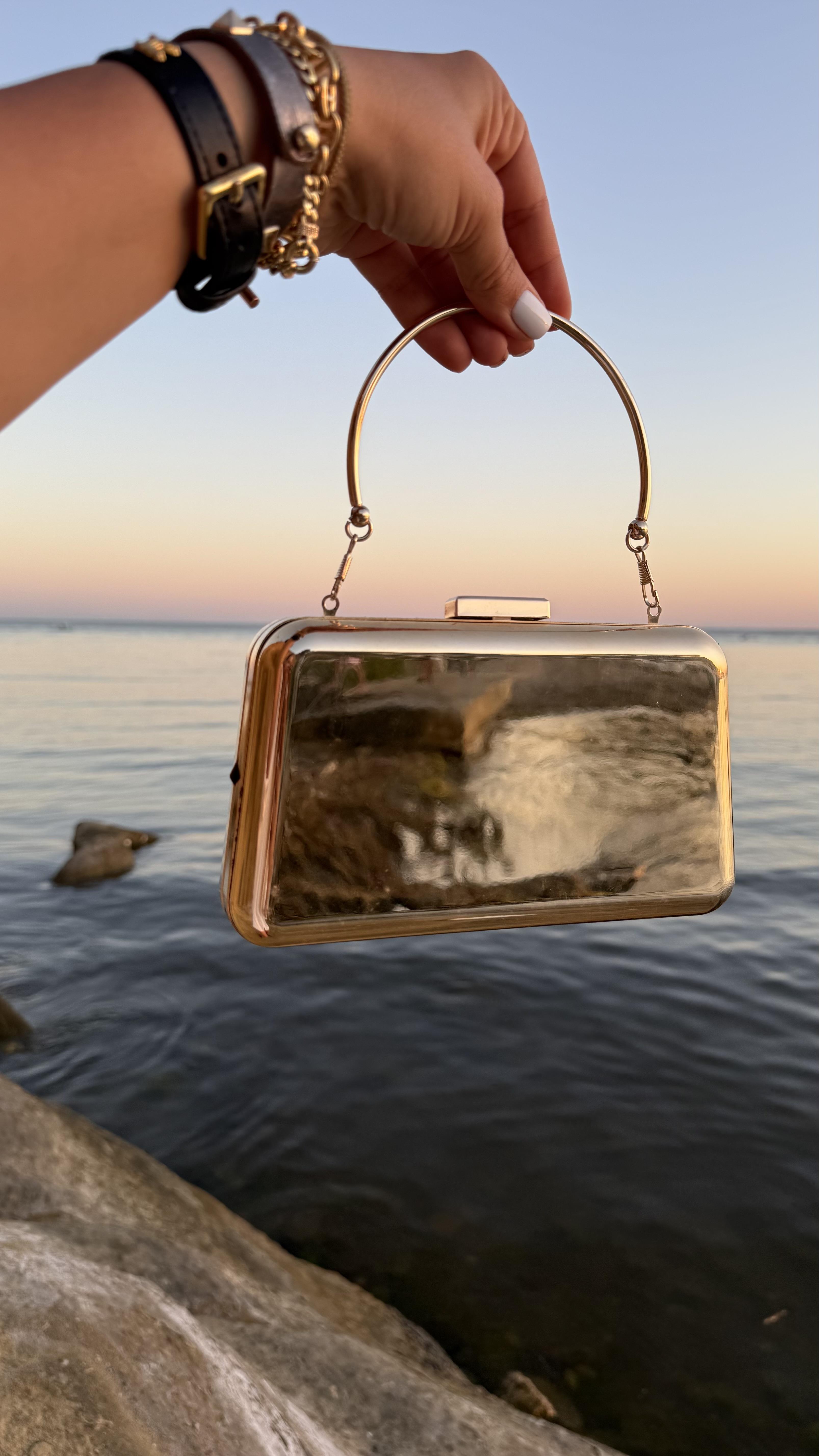 Metalik Gold Ayna Görünümlü Gold Mini Cluch Çanta