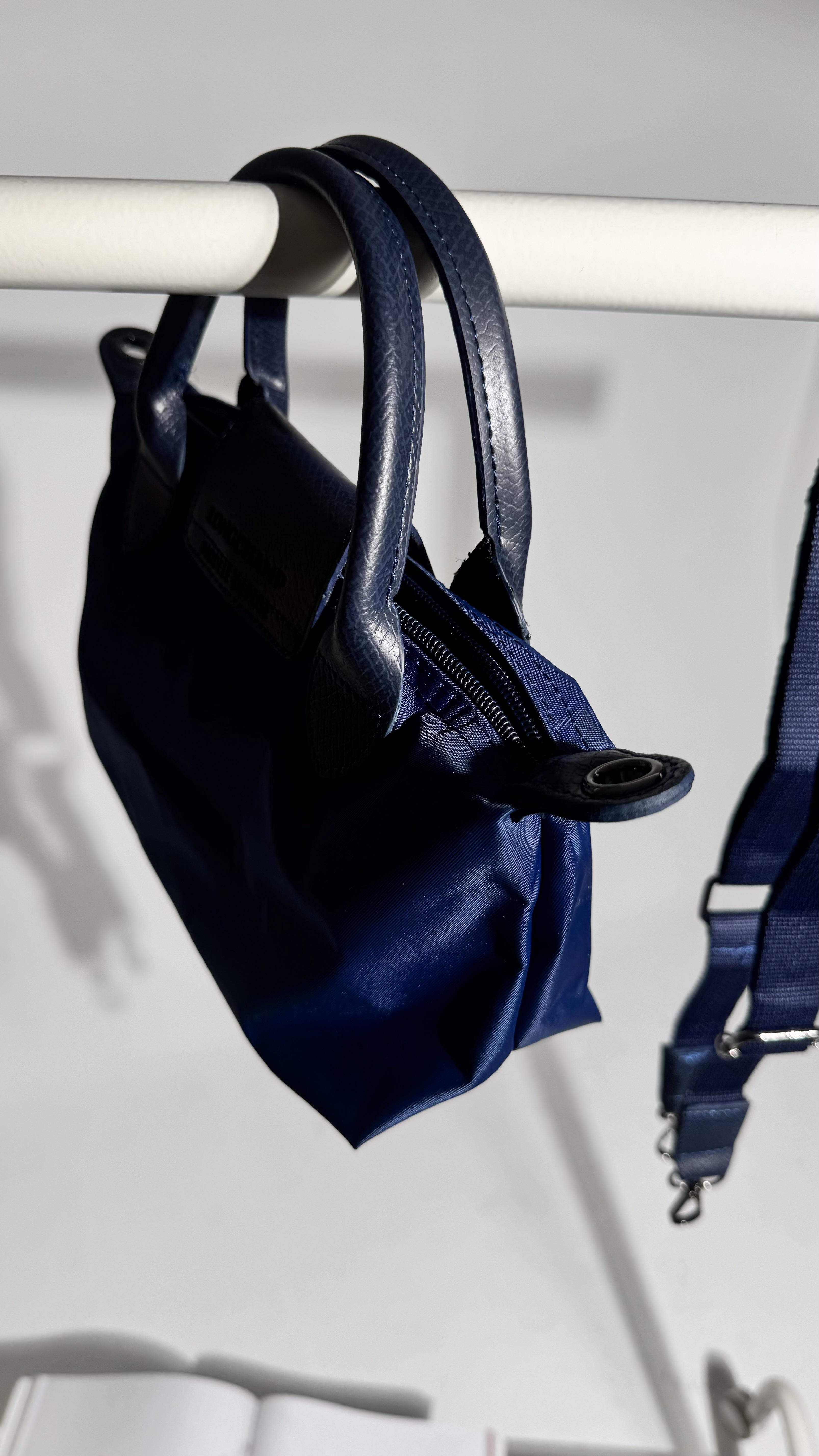 No:1 Long Lacivert Kanvas Deri Saplı Çanta