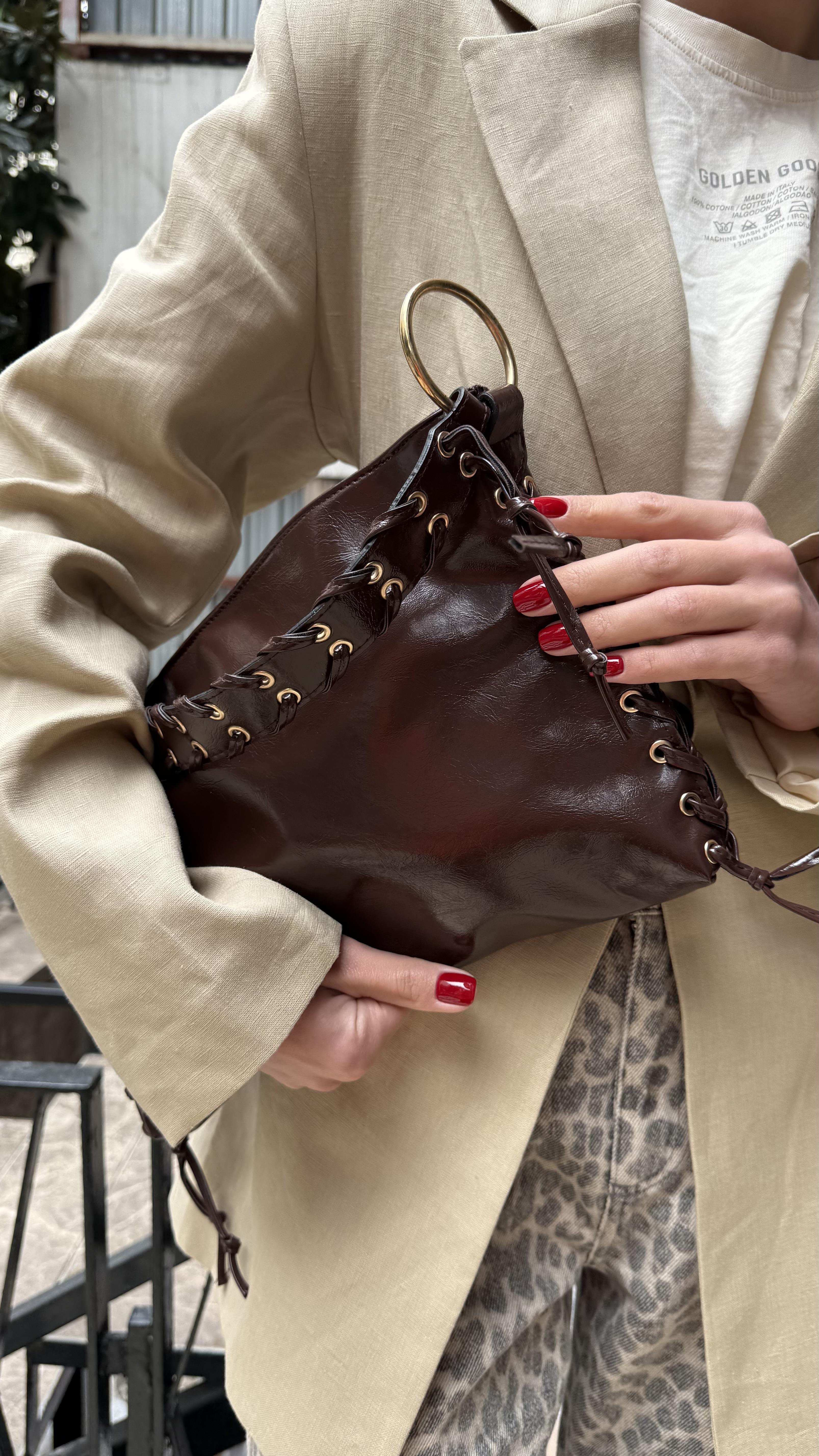 Örgü Detaylı Kırışık Deri Çanta Acıkahve