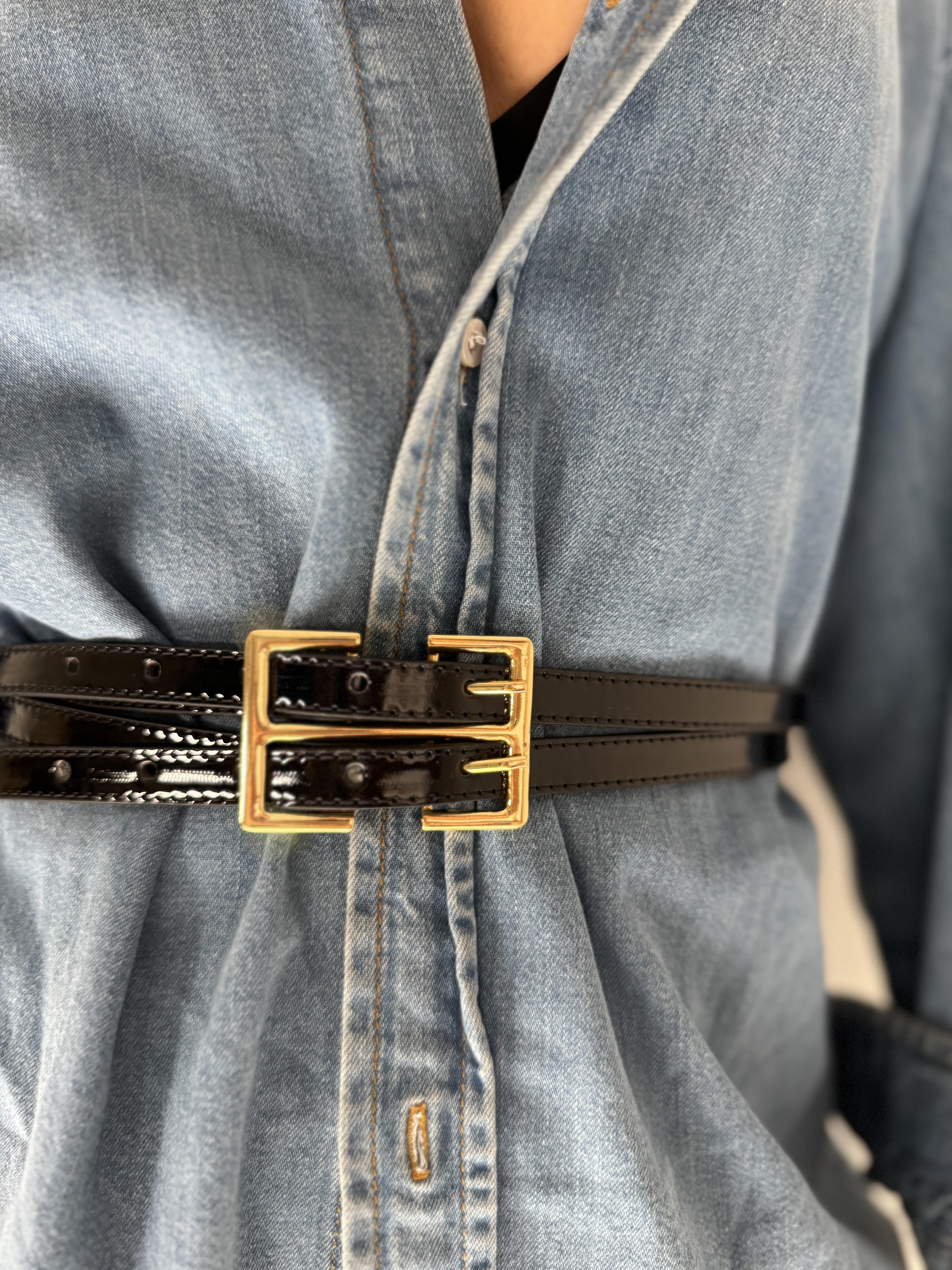 Siyah Rugan Çift Toka Görünümlü Kemer 