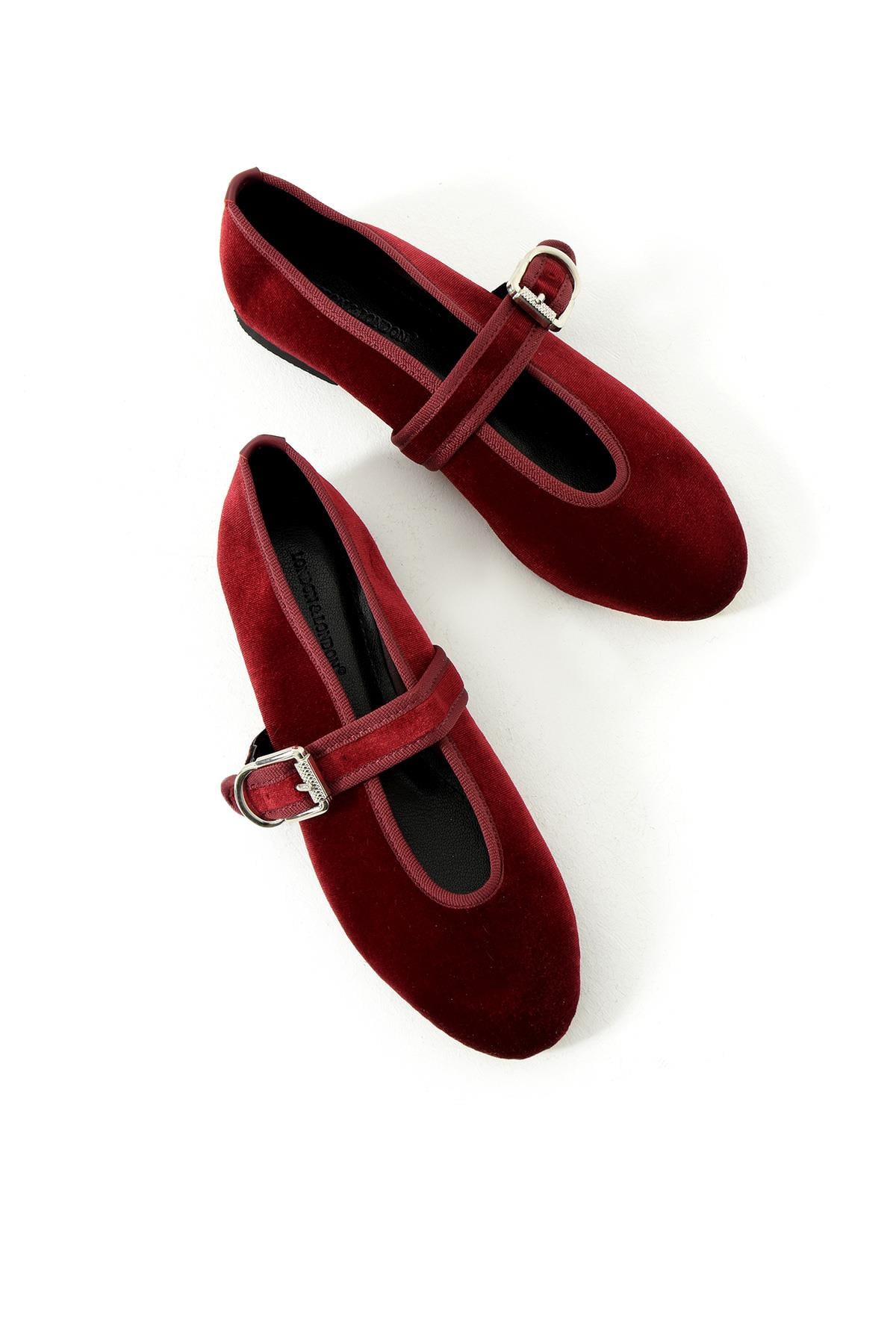 Todi Bordo Kadife Biyeli Düz Kadın Babet 