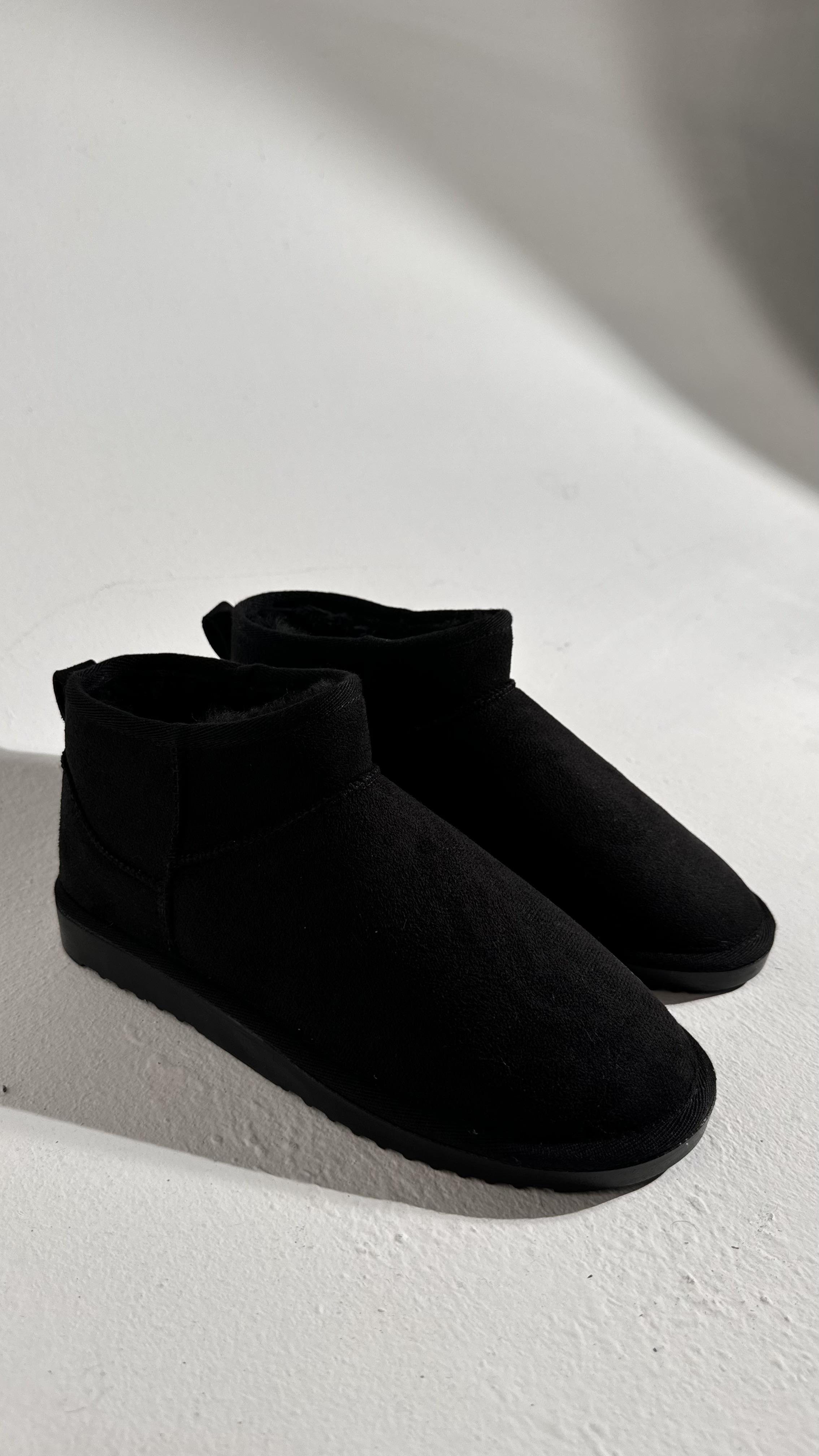 Ultra Mini Siyah Süet İçi Tüylü Düz Taban Bilekte Bot 