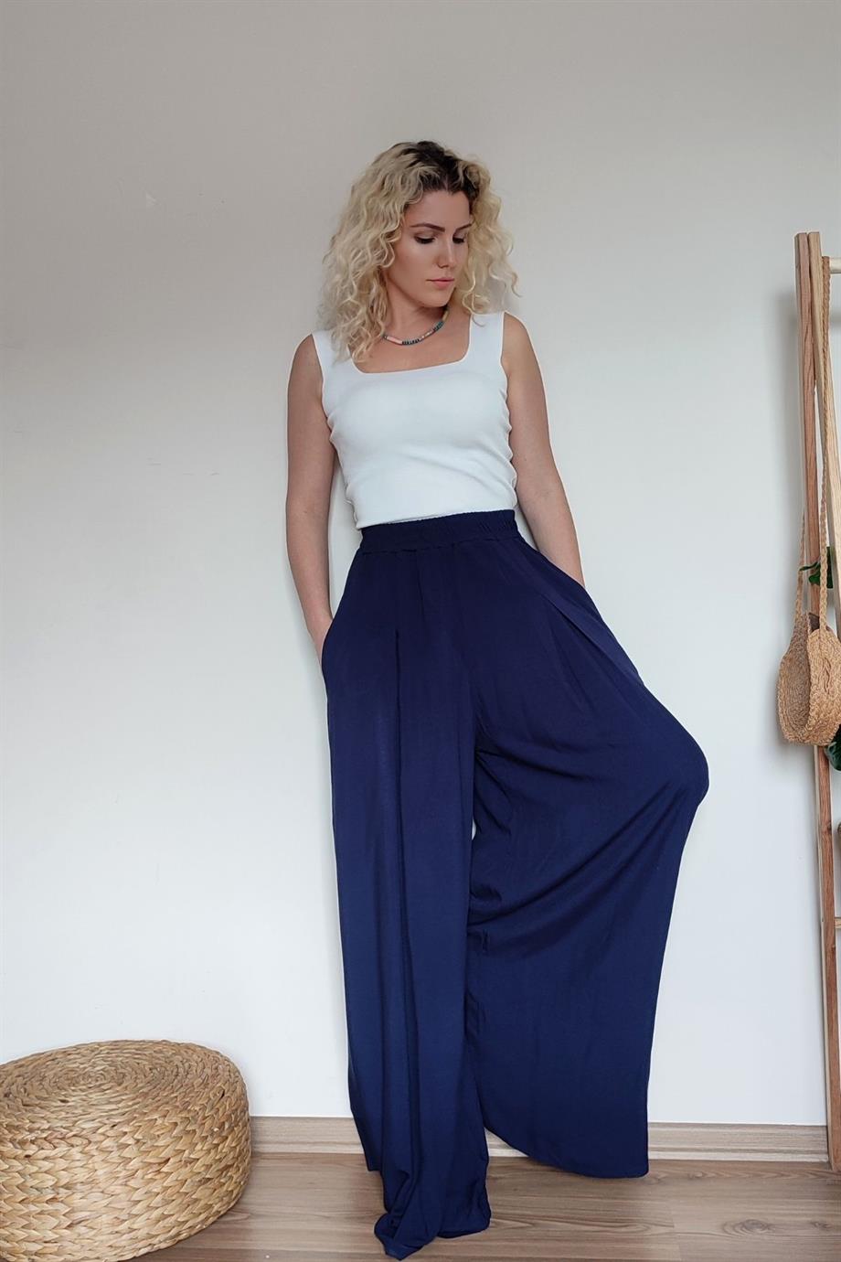 LACİVERT BELİ LASTİKLİ BOL PİLELİ PANTOLON
