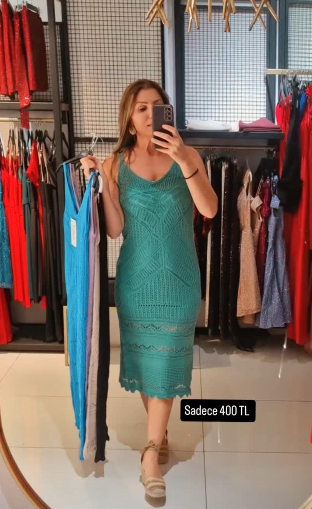 Yeşil Ajurlu Elbise Midi Boy 