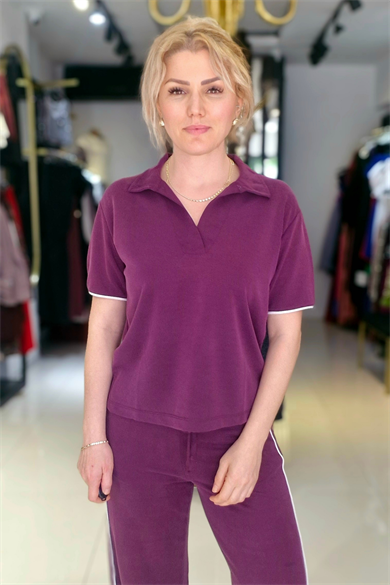 Modal Kisa Kol Şerit Detaylı Mürdüm Takım 