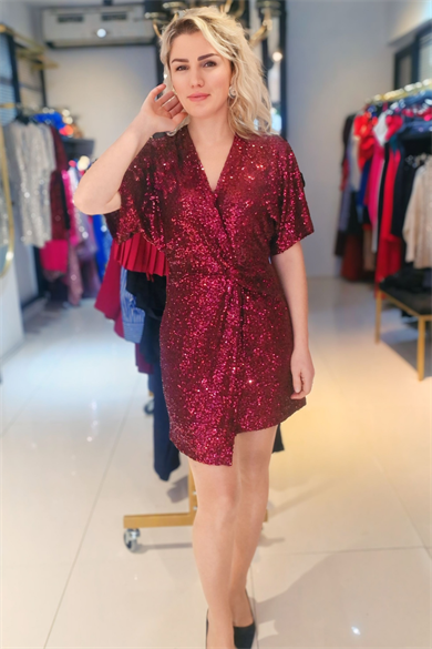 Pul Payet Sırt Detaylı Mini Elbise  Bordo