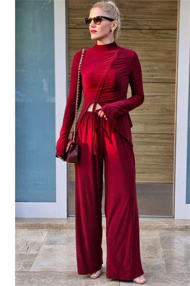 Sandy Kumaş Bordo Bluz Pantolon Takım