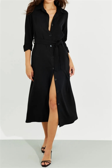 Siyah Cepli Gömlek Midi Elbise