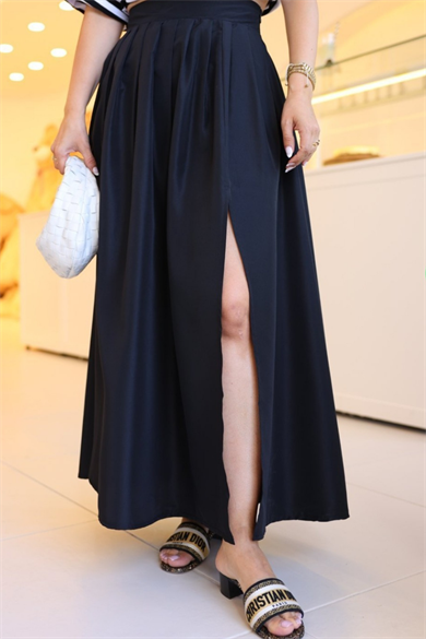 Yirtmaç Detay Poplin Etek  Siyah