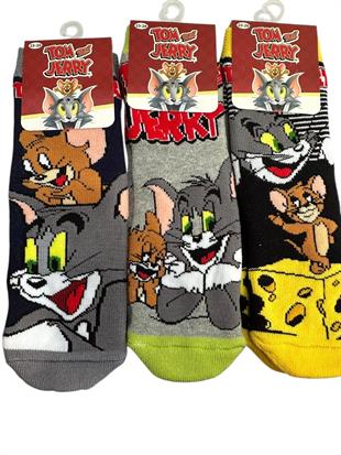 3Lü TOM ve JERRY Figürlü Tabanı Kaydırmaz Çocuk Havlu Çorap