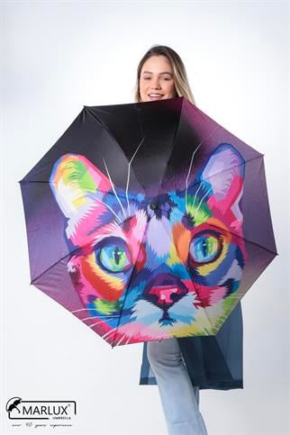 Marlux Renkli Kedi Desenli 8 Telli Manuel Rüzgara Dayanıklı Şemsiye M21MAR611