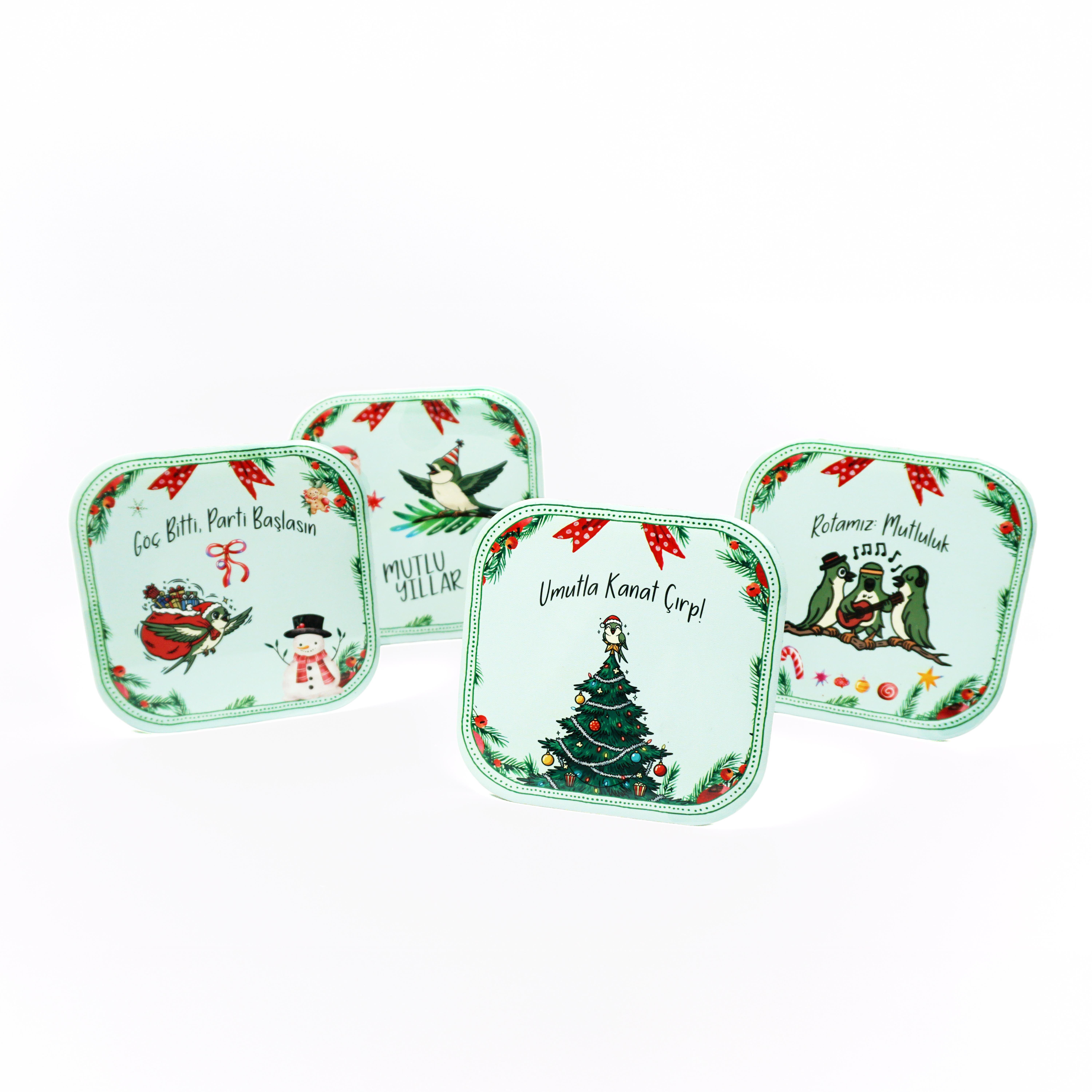 DaçkaDükkan Yılbaşı Hediyelik 4'lü Set Metal Bardak Altlığı